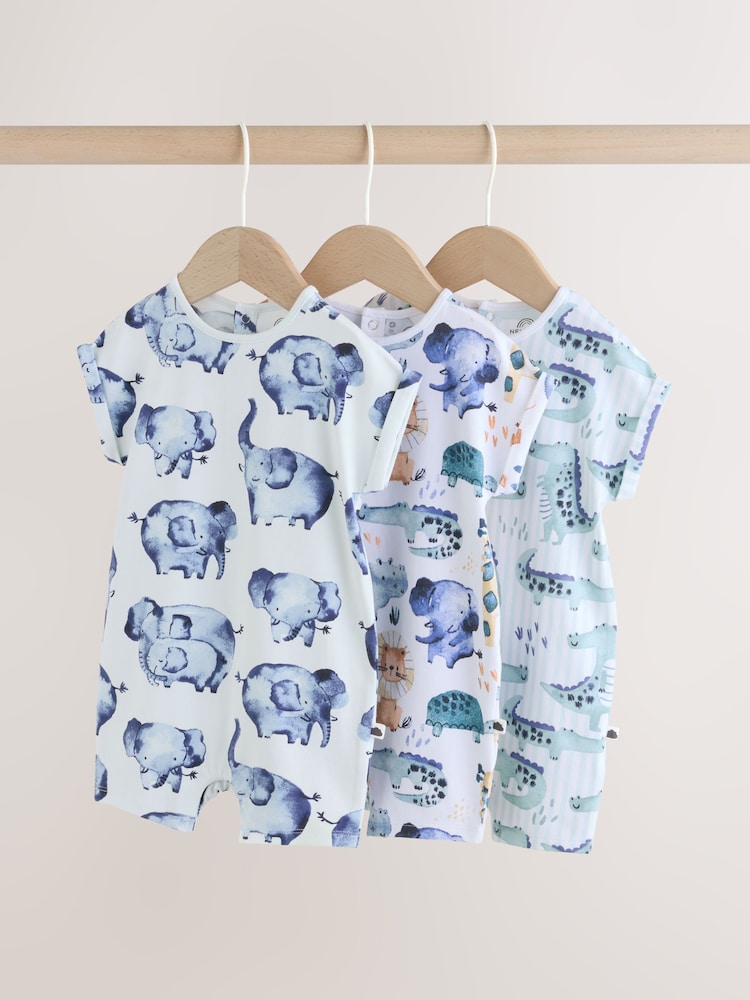 Blue Watercolour Animal Printed Popper Baby Jersey Rompers 3 Pack - Image 1 of 13 Blue Watercolour Animal Printed Popper Baby Jersey Rompers 3 Pack - Image 1 of 13