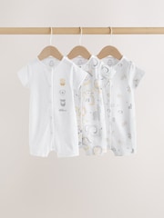 White Safari Animal Embroidered Jersey Baby Rompers 3 Pack - Image 1 of 10