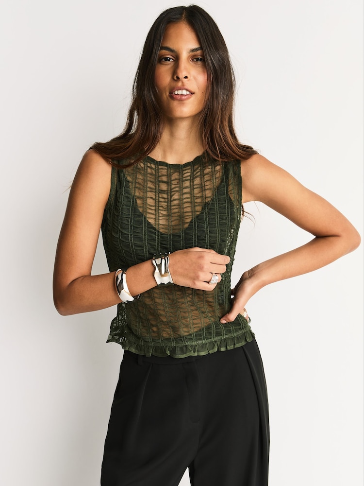 Khaki Green Shirred Mesh Sleeveless Crew Neck Top - Image 1 of 9 Khaki Green Shirred Mesh Sleeveless Crew Neck Top - Image 1 of 9