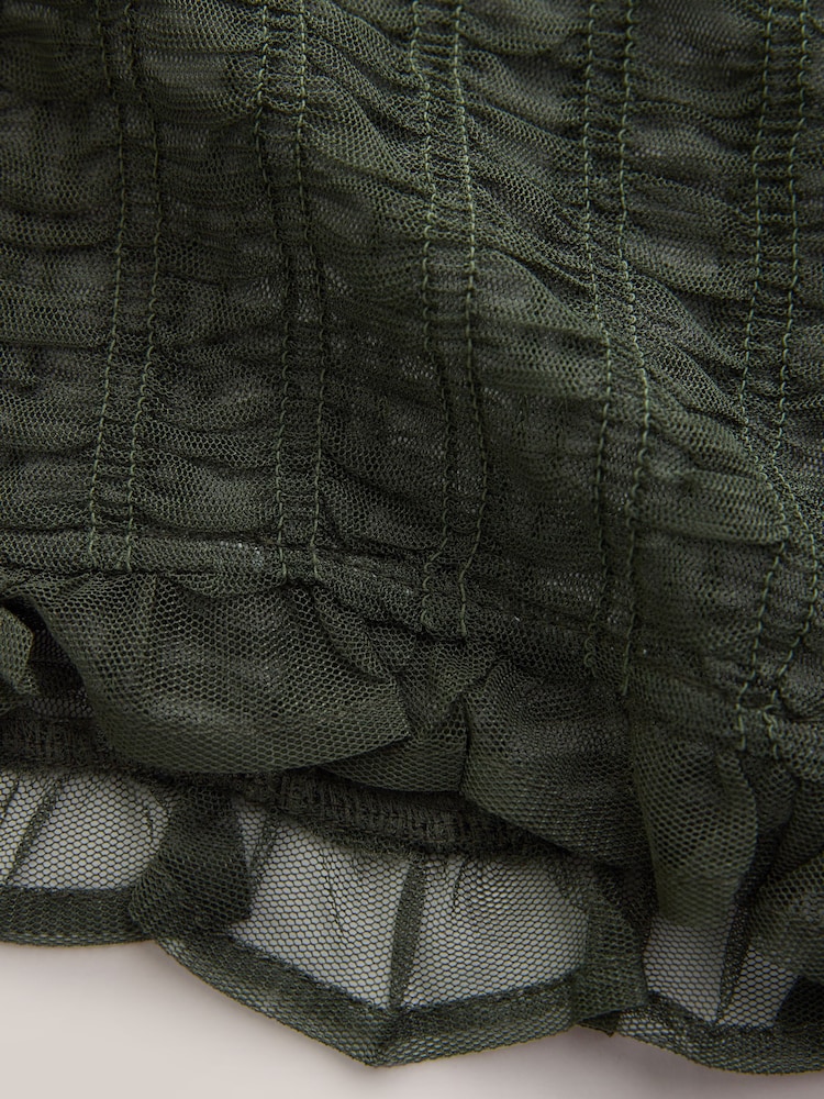 Khaki Green Shirred Mesh Sleeveless Crew Neck Top - Image 9 of 9 Khaki Green Shirred Mesh Sleeveless Crew Neck Top - Image 9 of 9