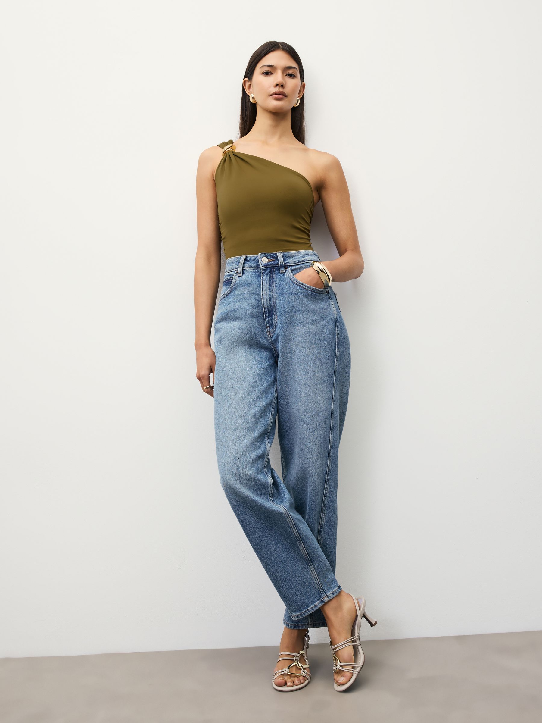 Buy Olive Green Soft Touch Slinky Nylon One Shoulder Hardware Top