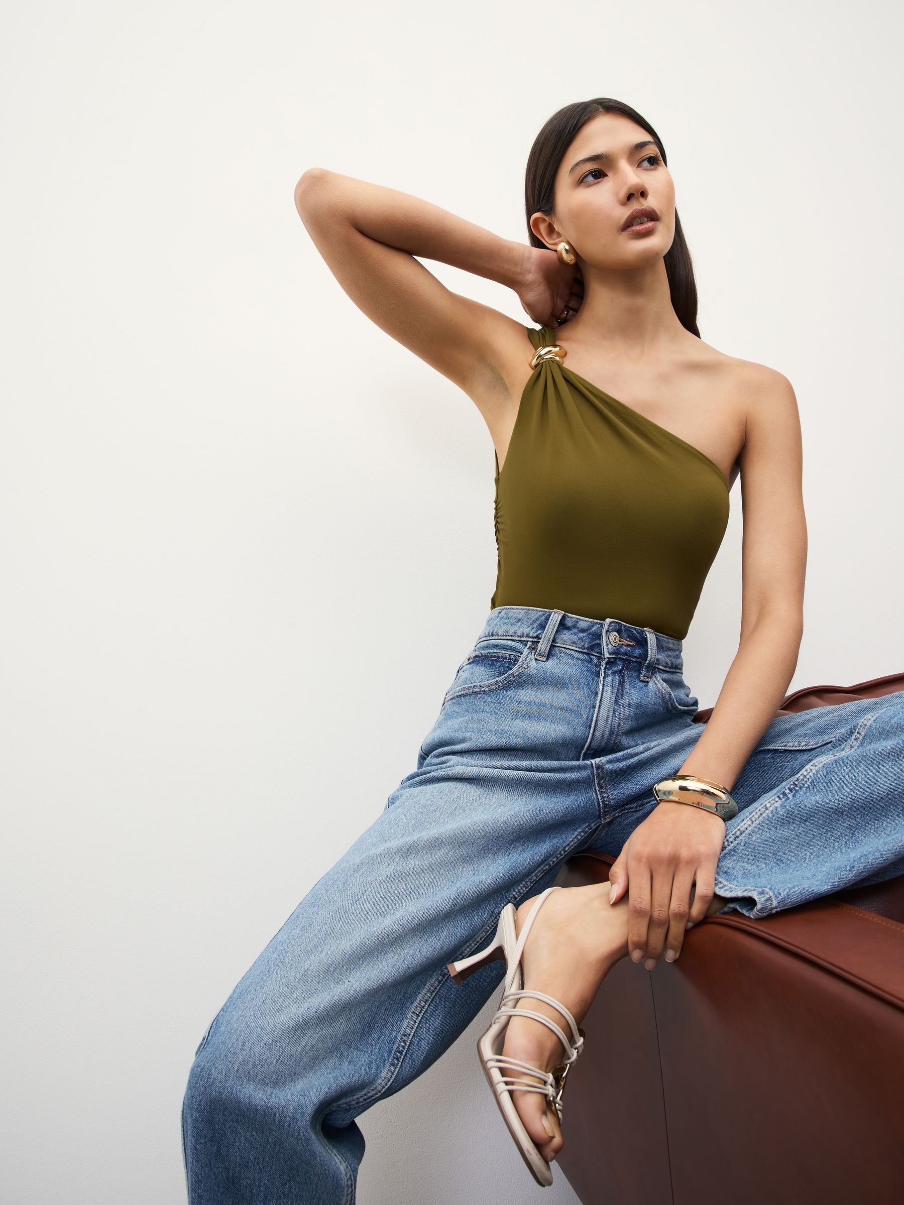 Buy Olive Green Soft Touch Slinky Nylon One Shoulder Hardware Top