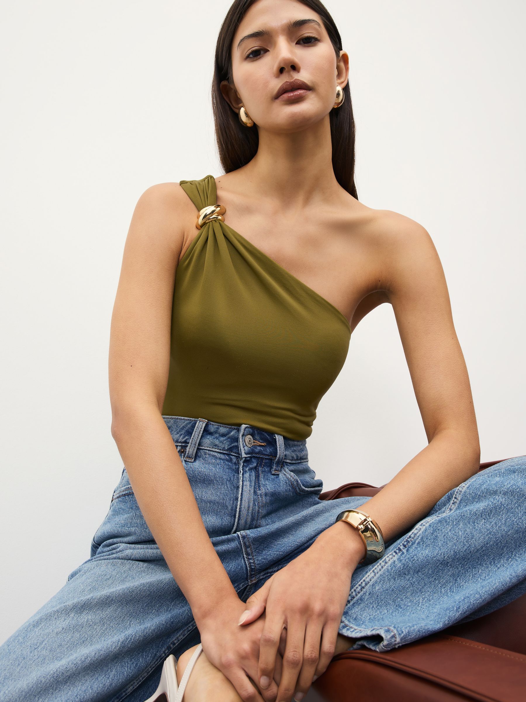 Buy Olive Green Soft Touch Slinky Nylon One Shoulder Hardware Top