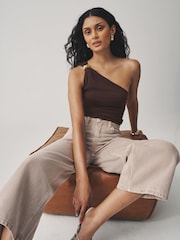 Chocolate Brown Soft Touch One Shoulder Hadware Top - Image 1 of 7