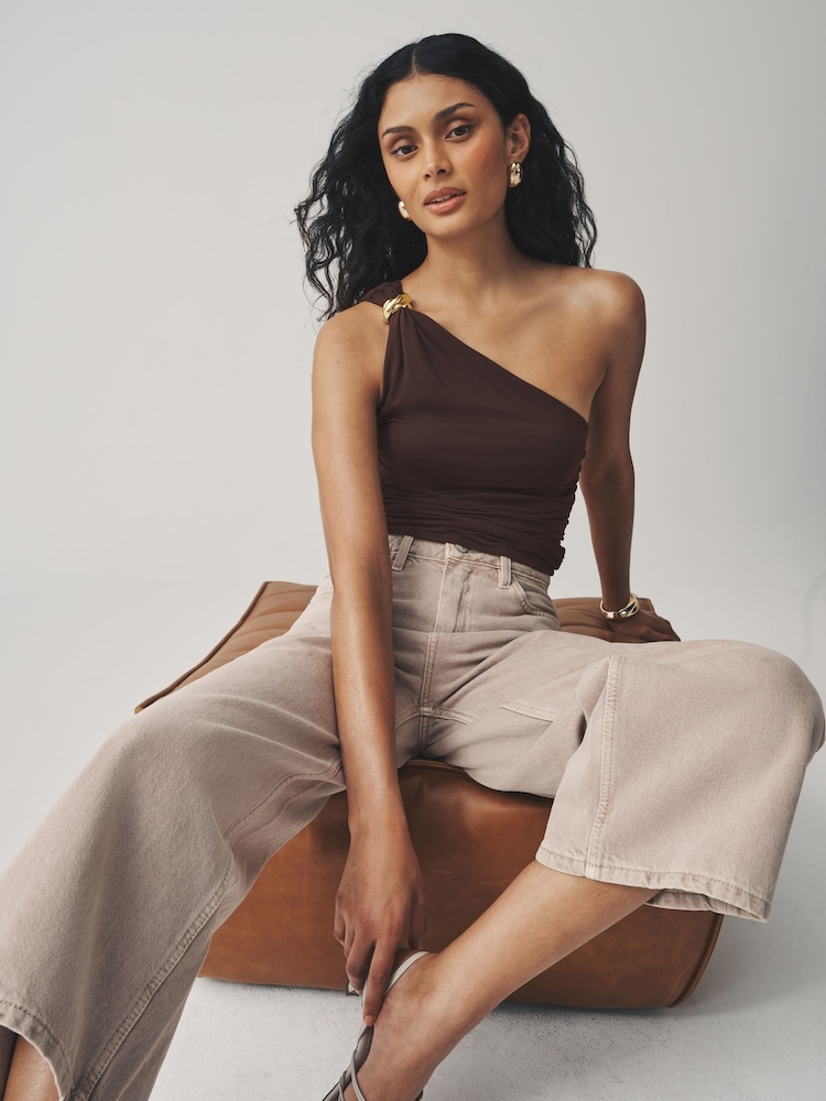 Chocolate Brown Soft Touch One Shoulder Hadware Top - Image 1 of 7 Chocolate Brown Soft Touch One Shoulder Hadware Top - Image 1 of 7