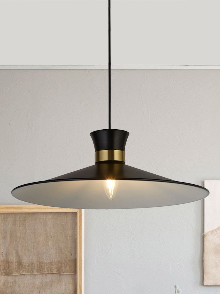 Searchlight Black White and Satin Brass Trapeze Pendant Ceiling Light - Image 1 of 4