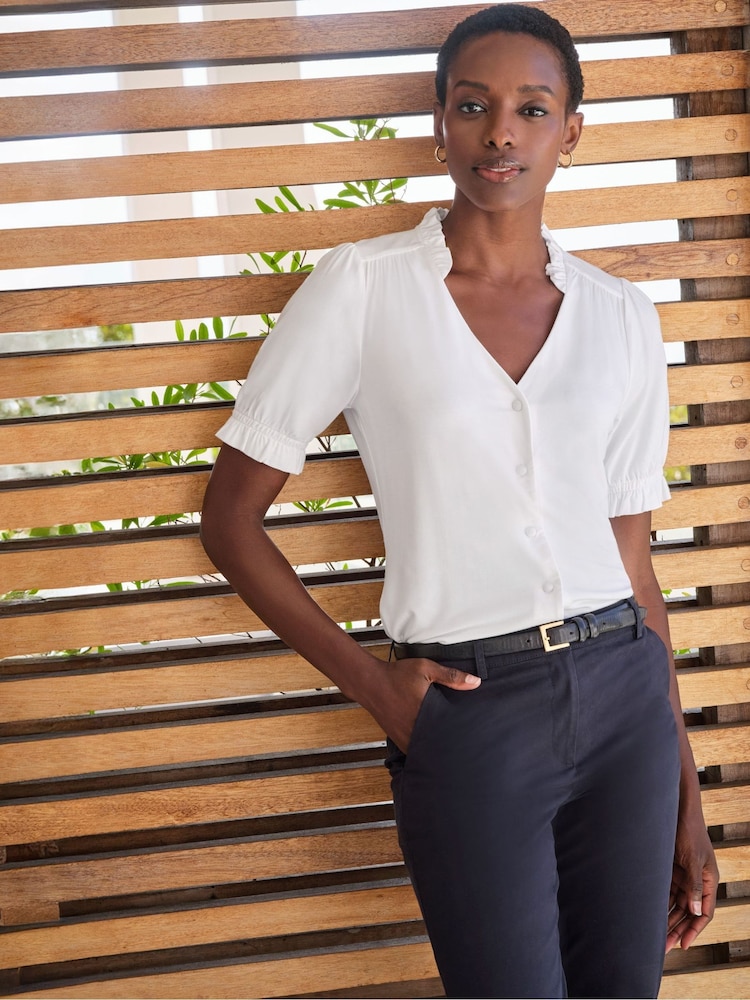 Pure Collection Short Sleeve Frill V-Neck Jersey Blouse - Image 1 of 3