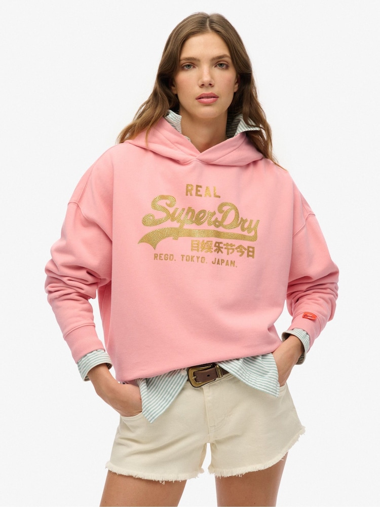 Superdry Pink Vintage Logo Rhinestone 100% Cotton Hoodie - Image 2 of 6