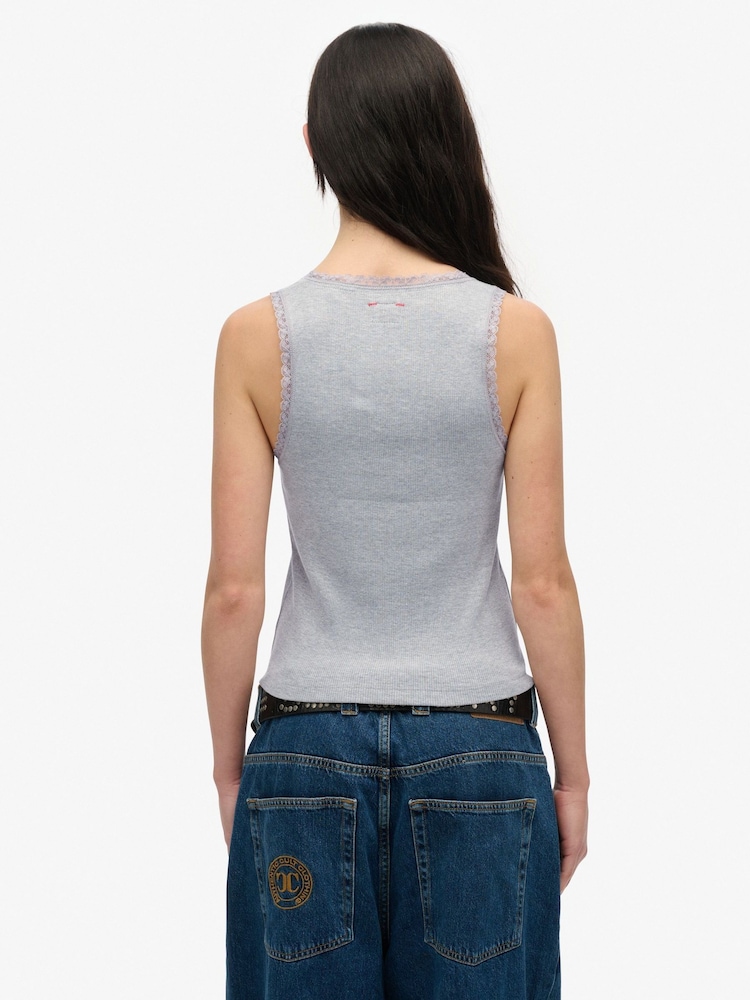 Superdry Grey Vintage Lace Trim Vest Top - Image 2 of 6