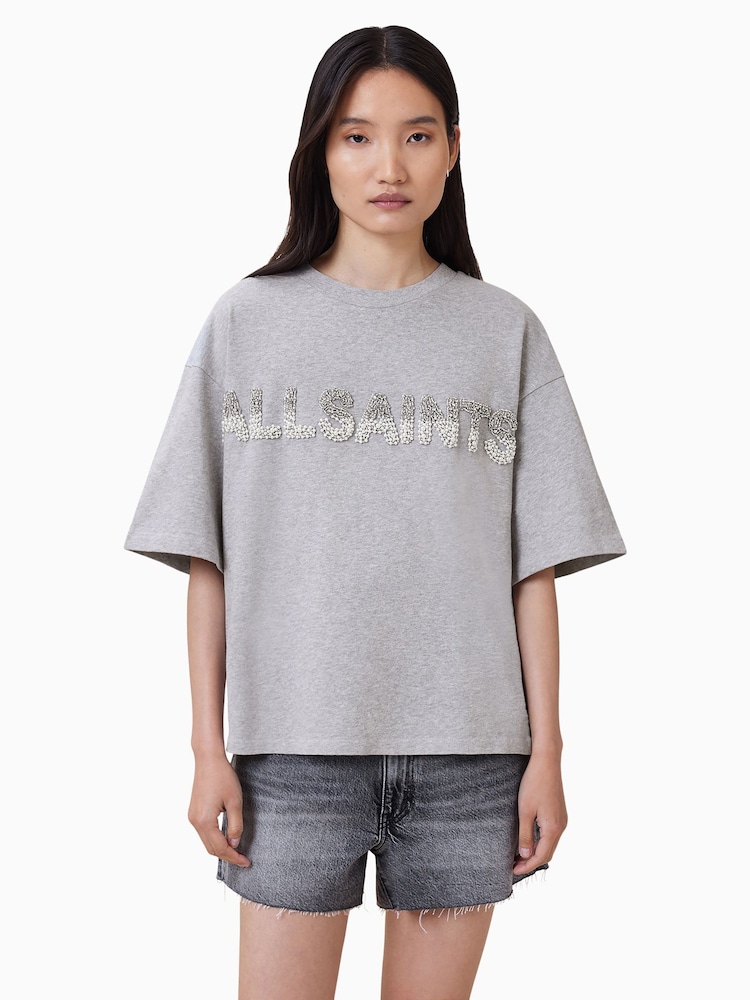 AllSaints Grey Amelie Pearl T-Shirt - Image 1 of 7