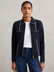 Reiss Navy Ivy Stitch-Detail Zip-Through Cardigan - Image 1 of 6