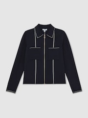 Reiss Navy Ivy Stitch-Detail Zip-Through Cardigan - Image 2 of 6