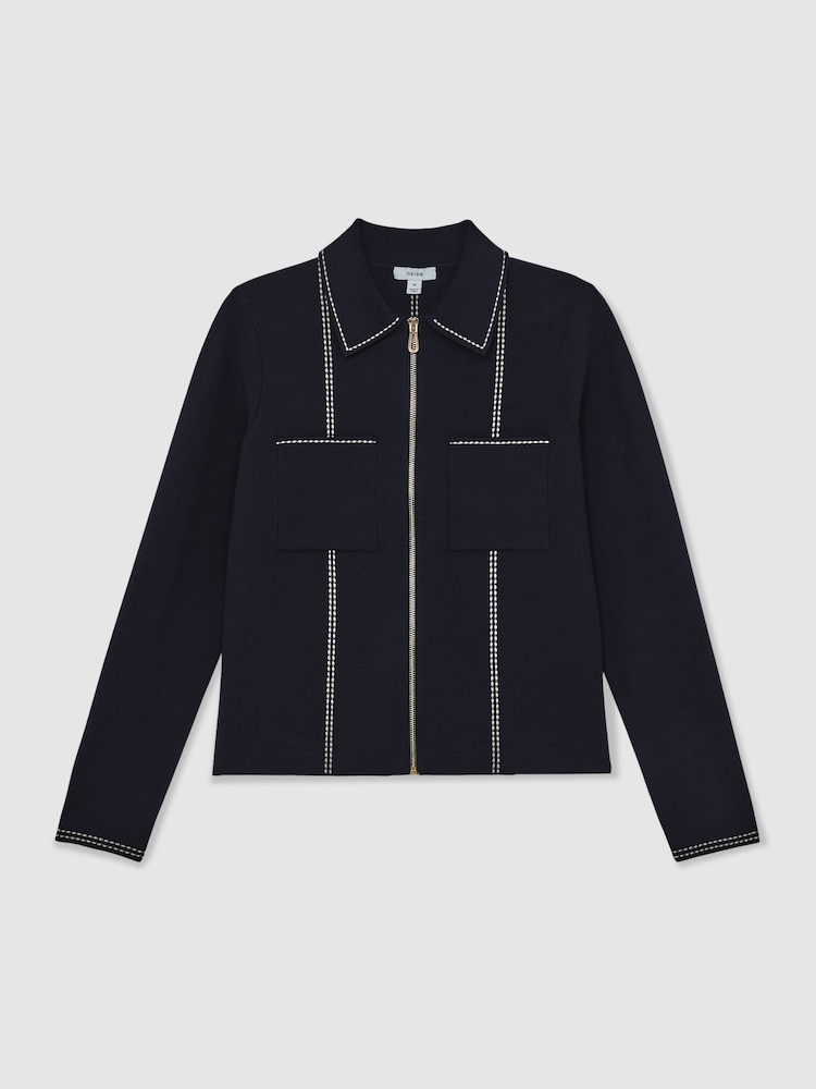 Reiss Navy Ivy Stitch-Detail Zip-Through Cardigan - Image 2 of 6
