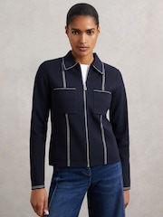 Reiss Navy Ivy Stitch-Detail Zip-Through Cardigan - Image 4 of 6