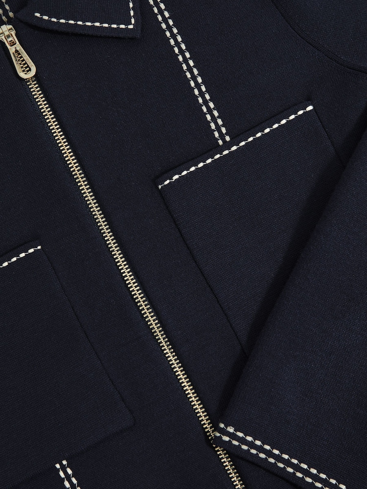 Reiss Navy Ivy Stitch-Detail Zip-Through Cardigan - Image 6 of 6