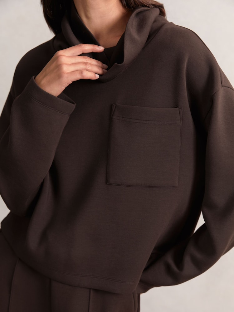 Reiss Dark Chocolate Brown Iris Interlock-Jersey Funnel-Neck Sweatshirt - Image 1 of 5