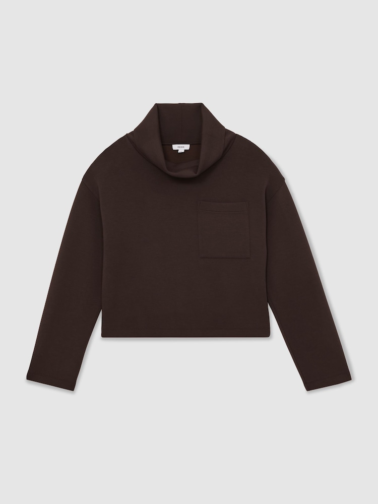 Reiss Dark Chocolate Brown Iris Interlock-Jersey Funnel-Neck Sweatshirt - Image 2 of 5