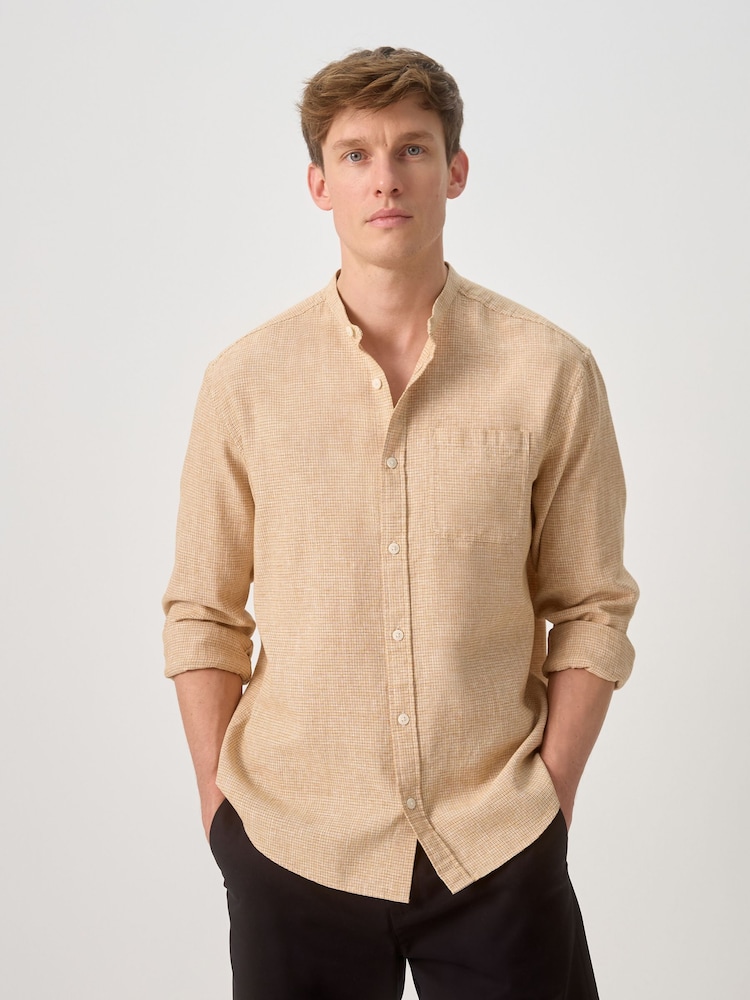 Orange Grandad Collar Cotton Linen Blend Long Sleeve Shirt - Image 1 of 8