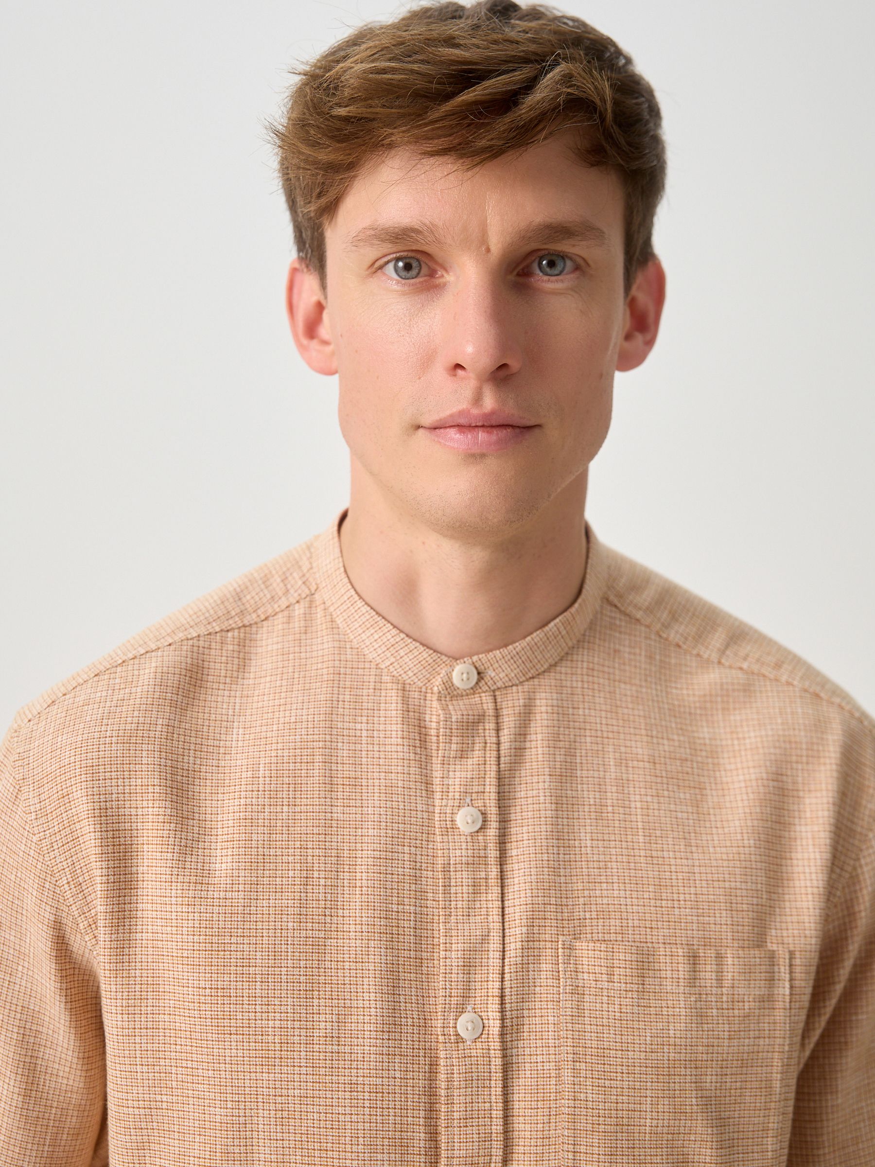 Buy Orange Grandad Collar Cotton Linen Blend Long Sleeve Shirt