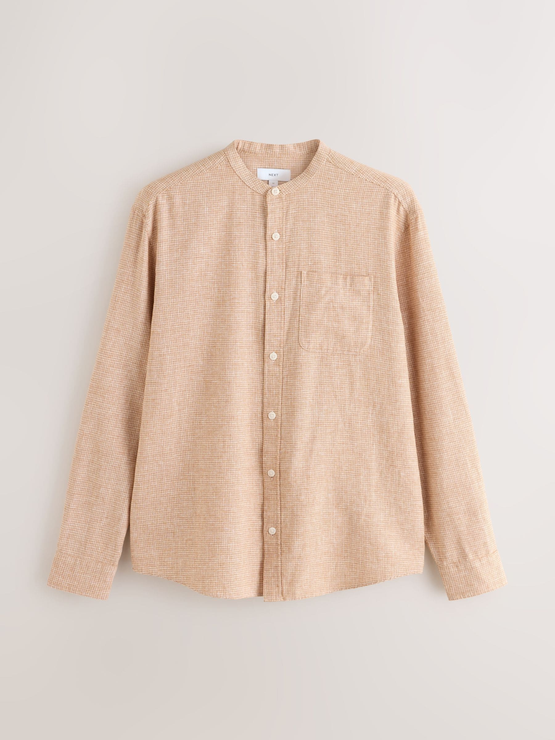 Buy Orange Grandad Collar Cotton Linen Blend Long Sleeve Shirt