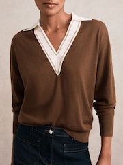 Reiss Chocolate Brown/Ivory Nina Wool Collared Cricket Jumper - Image 1 of 6
