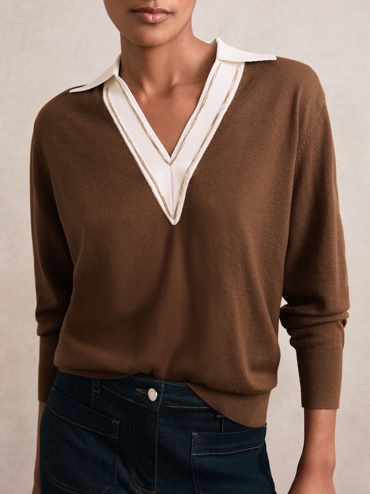 Reiss Chocolate Brown/Ivory Nina Wool Collared Cricket Jumper - Image 1 of 6