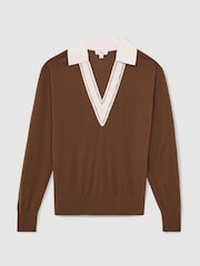 Reiss Chocolate Brown/Ivory Nina Wool Collared Cricket Jumper - Image 2 of 6