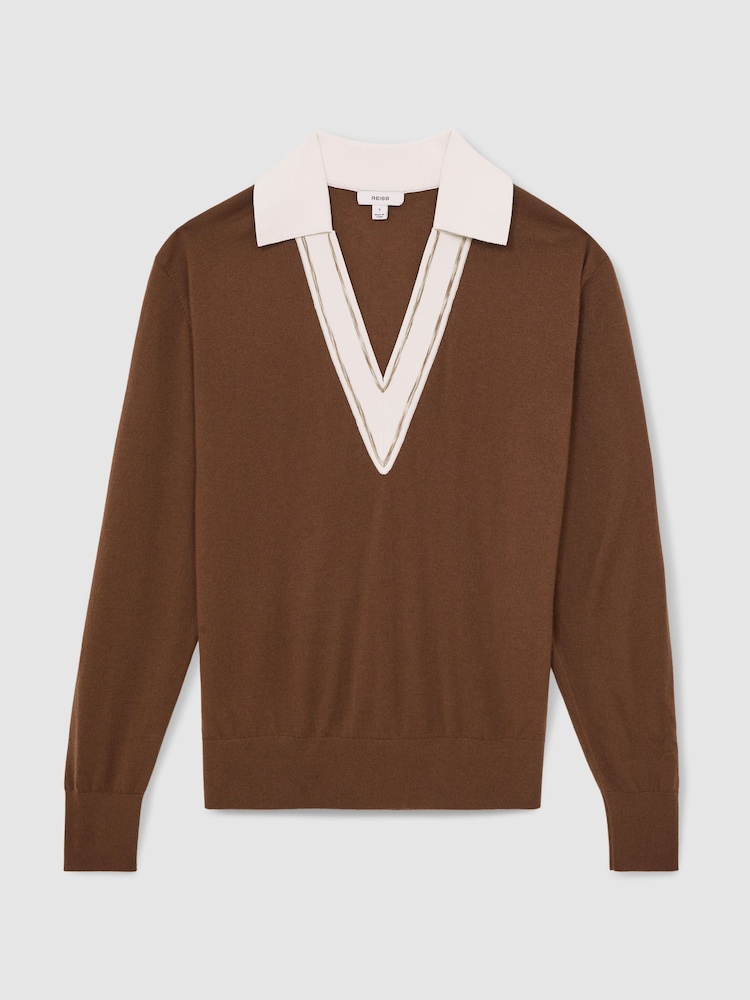 Reiss Chocolate Brown/Ivory Nina Wool Collared Cricket Jumper - Image 2 of 6