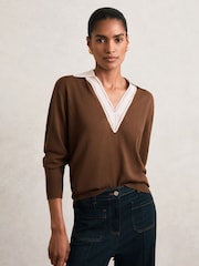 Reiss Chocolate Brown/Ivory Nina Wool Collared Cricket Jumper - Image 4 of 6