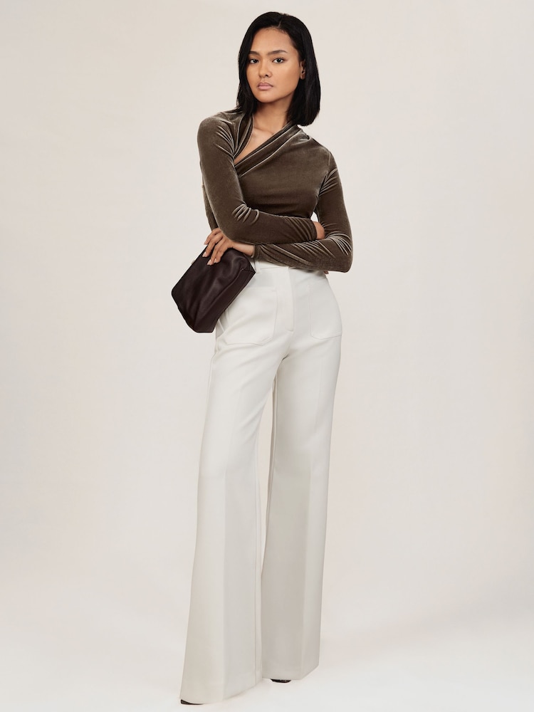 Reiss Mocha Brown Kassia Velvet Cut-Out Long-Sleeve Top - Image 1 of 5