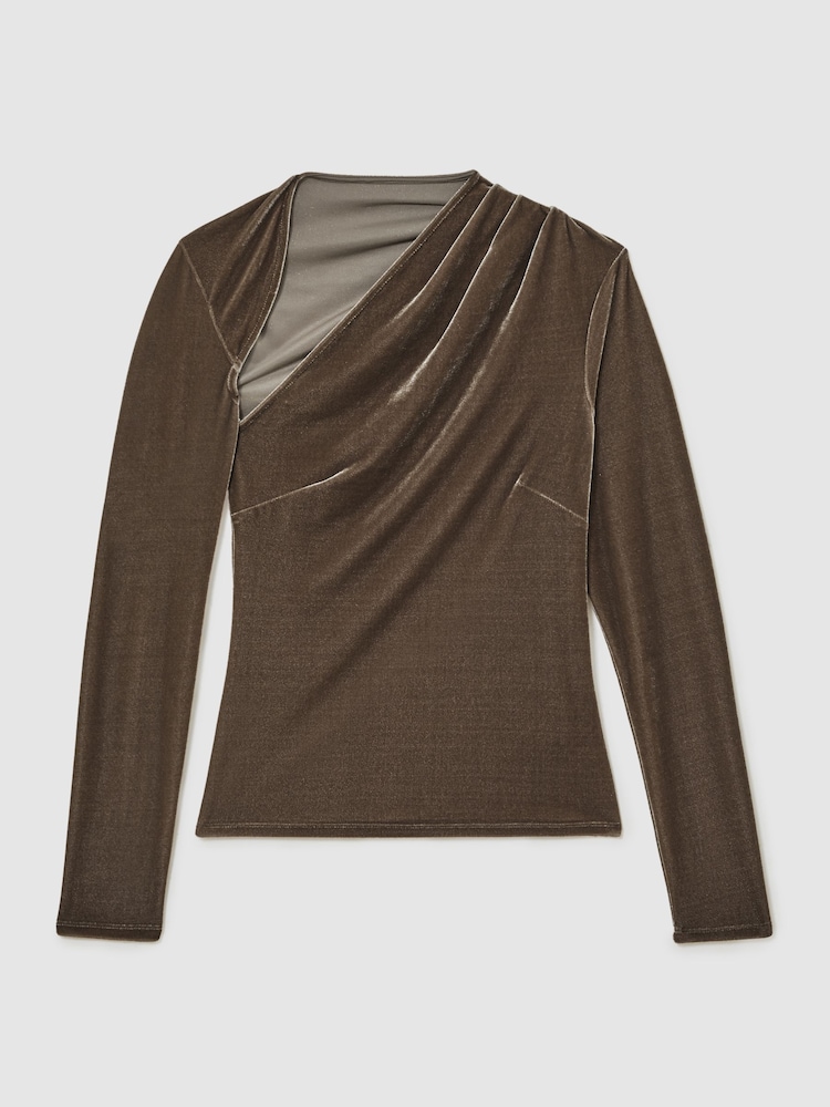 Reiss Mocha Brown Kassia Velvet Cut-Out Long-Sleeve Top - Image 2 of 5