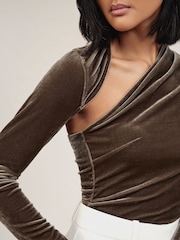 Reiss Mocha Brown Kassia Velvet Cut-Out Long-Sleeve Top - Image 3 of 5
