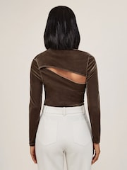 Reiss Mocha Brown Kassia Velvet Cut-Out Long-Sleeve Top - Image 4 of 5