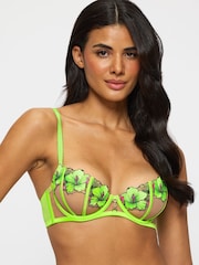 Ann Summers Green Lime Caged Hibiscus Floral Print Embroidery Non Pad Balcony Bra - Image 3 of 5