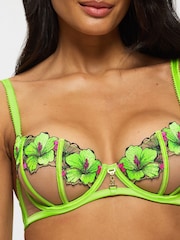 Ann Summers Green Lime Caged Hibiscus Floral Print Embroidery Non Pad Balcony Bra - Image 4 of 5