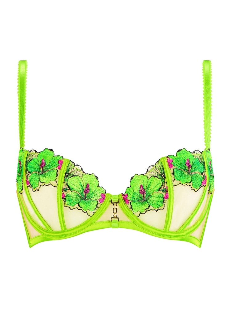 Ann Summers Green Lime Caged Hibiscus Floral Print Embroidery Non Pad Balcony Bra - Image 5 of 5