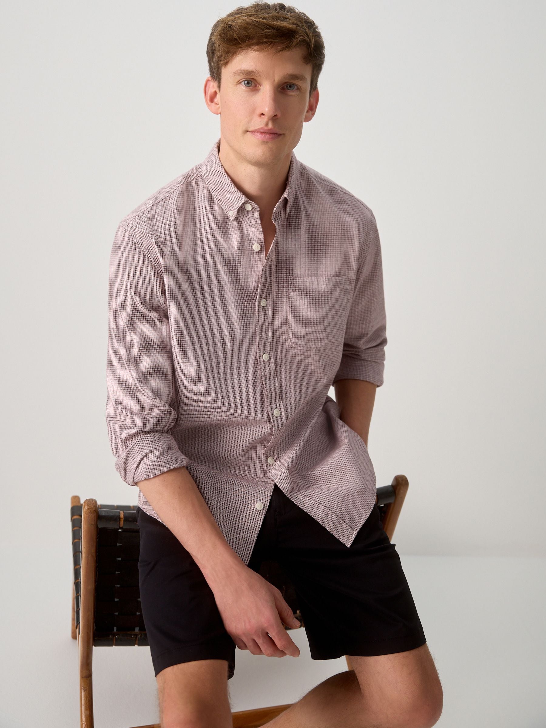 Buy Purple Classic Collar Cotton Linen Blend Long Sleeve Shirt