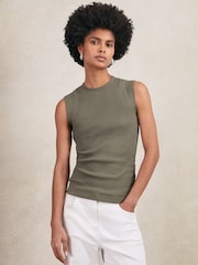 Reiss Khaki Green Trudy Fine Rib Ruched Vest Top - Image 1 of 5