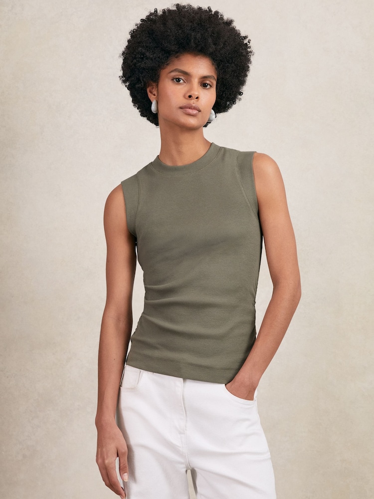 Reiss Khaki Green Trudy Fine Rib Ruched Vest Top - Image 1 of 5