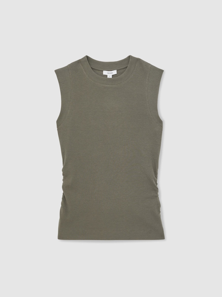 Reiss Khaki Green Trudy Fine Rib Ruched Vest Top - Image 2 of 5