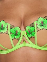 Ann Summers Green Lime Caged Hibiscus Floral Print Embroidery Non Pad DD+ Balcony Bra - Image 5 of 6