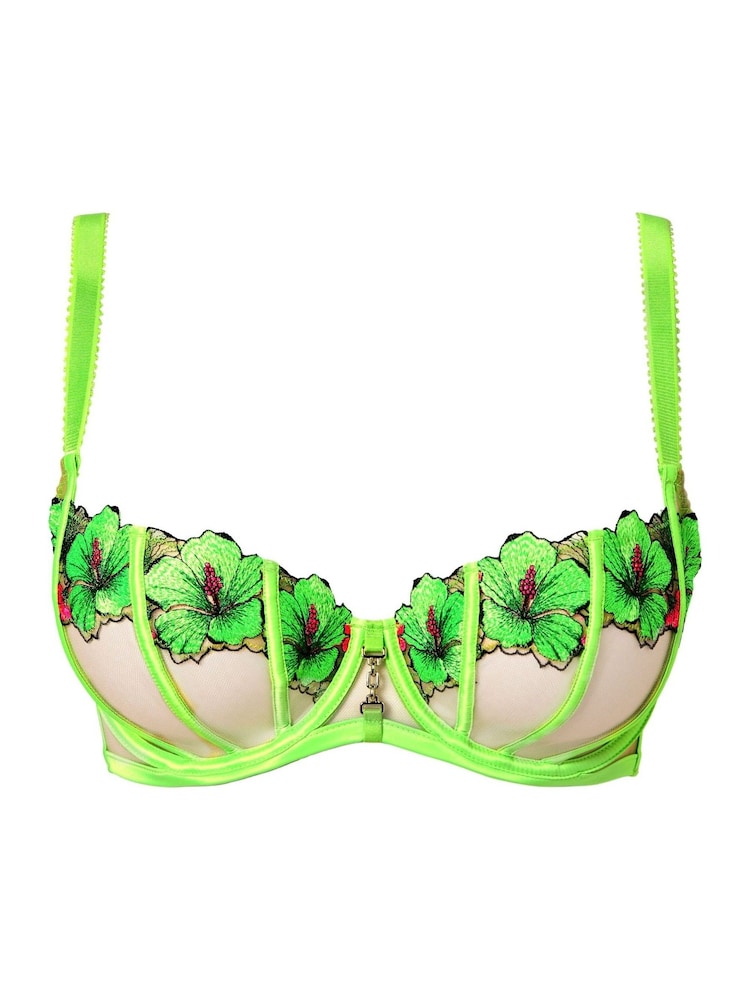 Ann Summers Green Lime Caged Hibiscus Floral Print Embroidery Non Pad DD+ Balcony Bra - Image 6 of 6