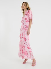 River Island Pink Floral Print Angel Sleeve Corsage Maxi Dress - Image 1 of 6