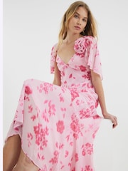River Island Pink Floral Print Angel Sleeve Corsage Maxi Dress - Image 2 of 6