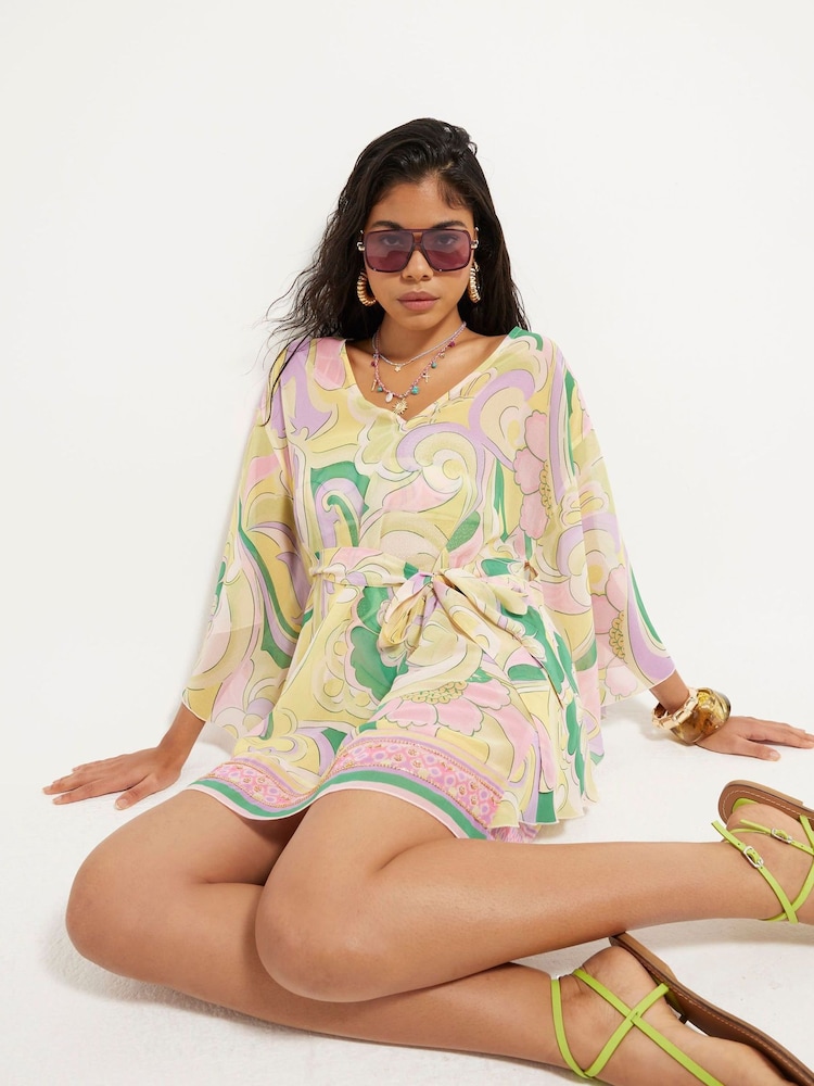 River Island Coverups Mini Printed Chiffon Kaftan - Image 1 of 4