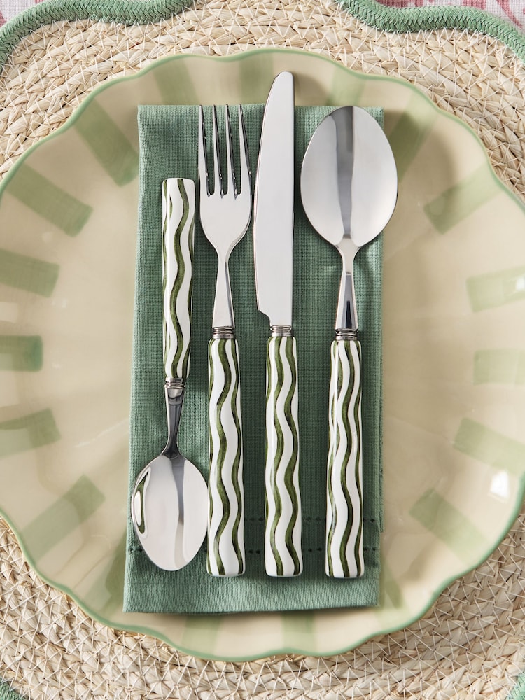 16 Piece Green Ceramic Handle Wiggle Pattern Cutlery - Image 1 of 5