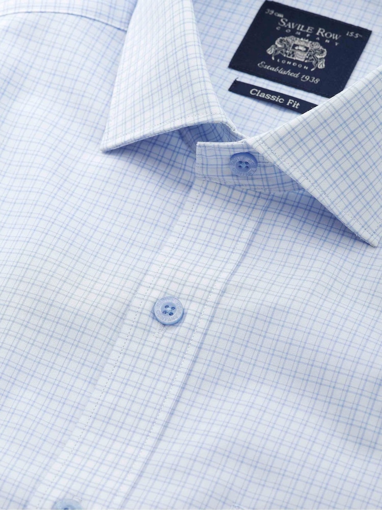 Savile Row Company Classic Fit Blue Cotton Check Short Sleeve Formal Shirt - Bild 1 von 3