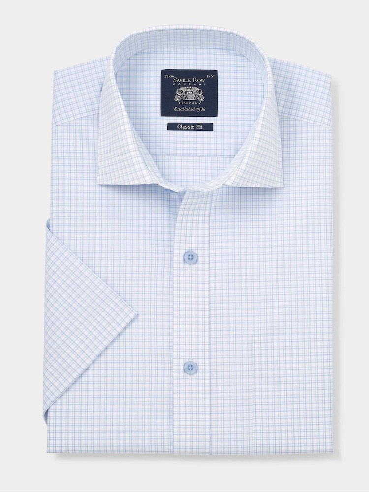 Savile Row Company Classic Fit Blue Cotton Check Short Sleeve Formal Shirt - Bild 2 von 3