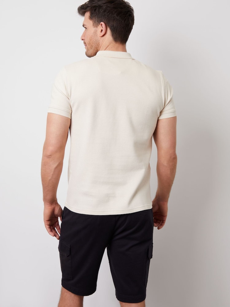 Threadbare Natural Ottoman Rib Textured 100% Cotton Polo Shirt - Image 2 of 4