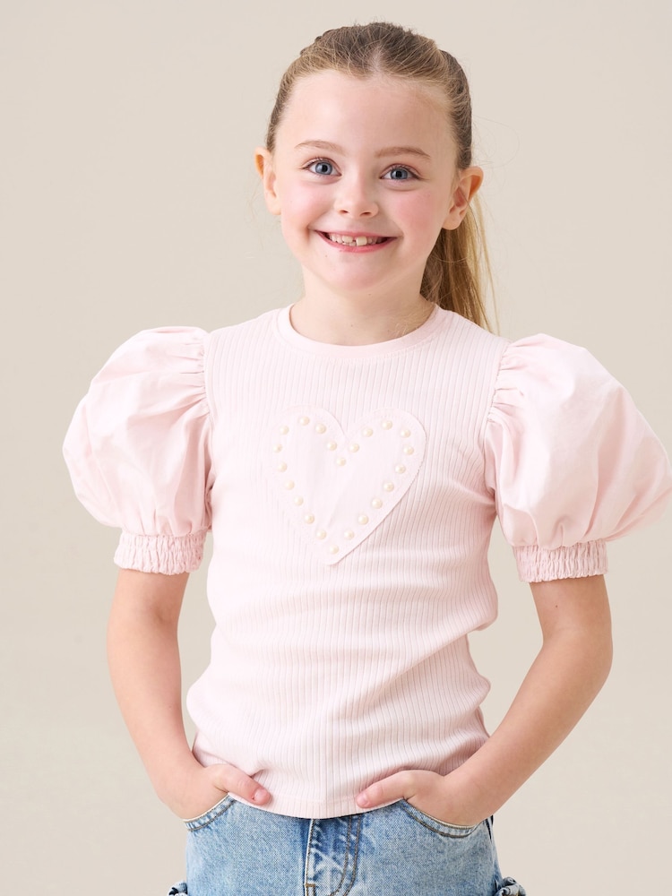 Angel & Rocket Pink Agatha Heart Print Rib T-Shirt - Image 2 of 7